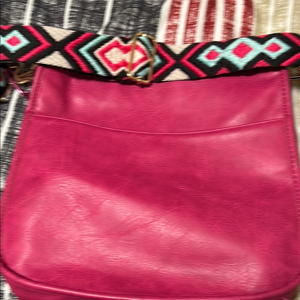 Pink Shoulder Bag with Patterned Strap